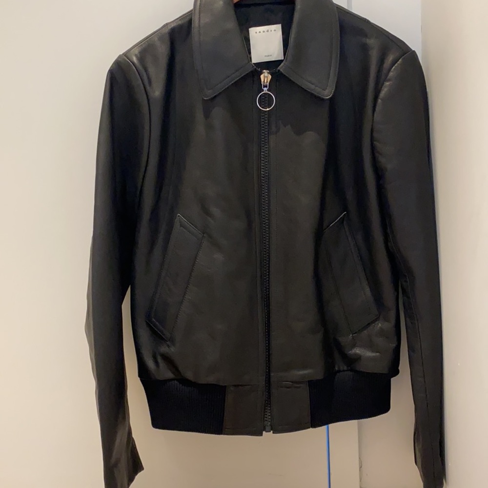 Sandro Paris Leather Ring Bomber Jacket, Black, XL, Like New